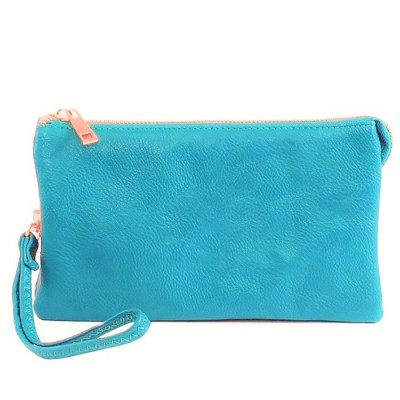9065- AQUA PU LEATHER TRI POCKET CLUTCH / CROSS BODY BAG